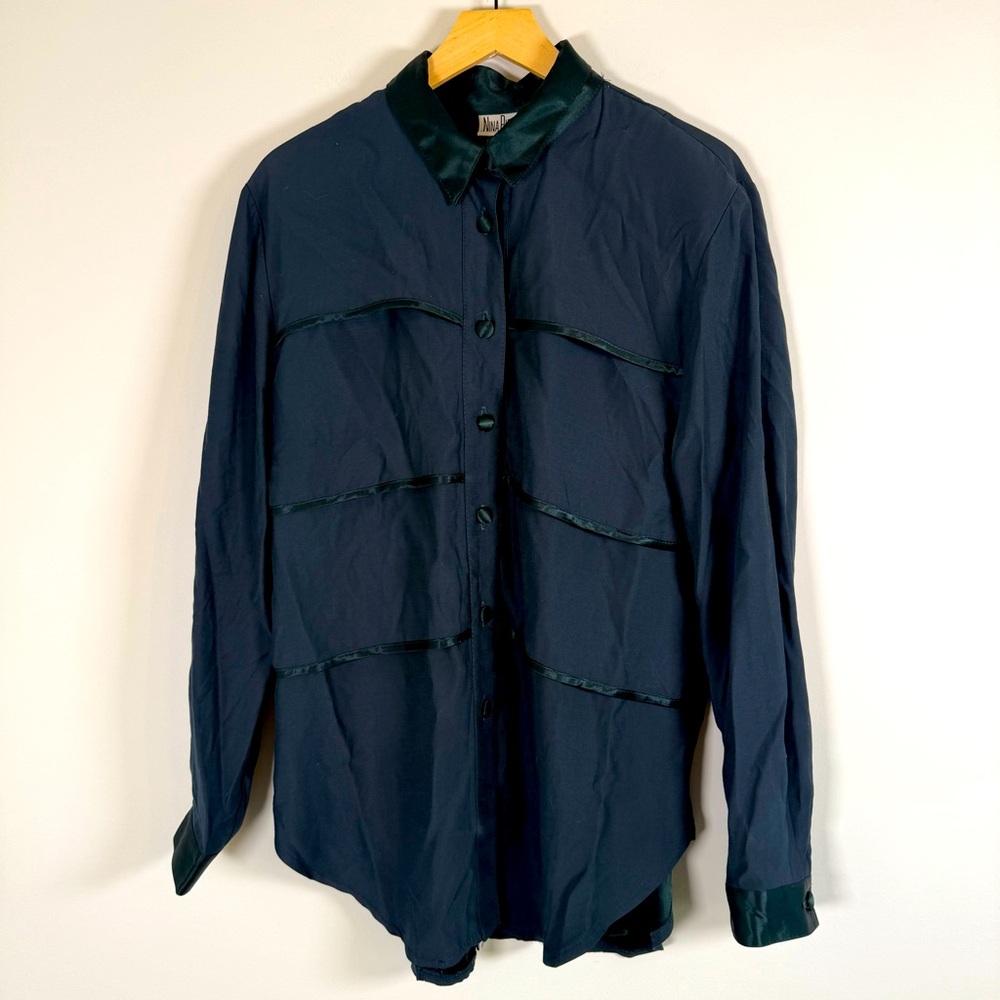 Nina Piccalino Vintage VTG Tiered Button Up Shirt Top Emerald Green Navy Size 10